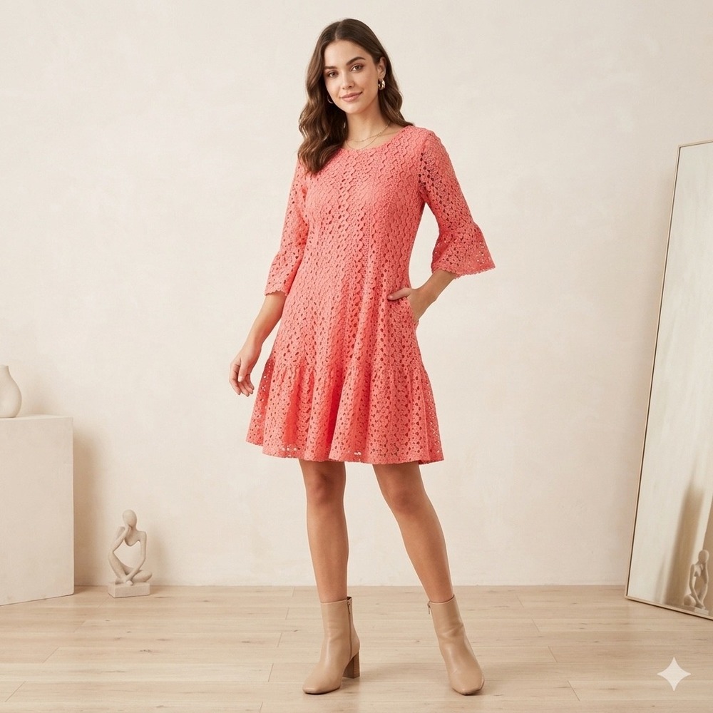 Roz & Ali Womens Size 8 Coral Lace Dress Bell Sleeve Crochet Overlay Knee Length